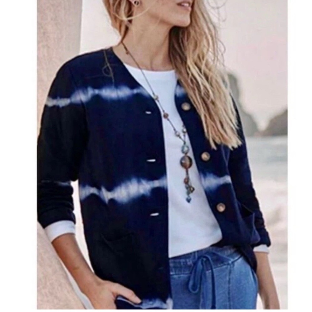 J Jill Pure Jill Jacket Blue Medium Tie Dye Button Up Quilted Insulated Cotton